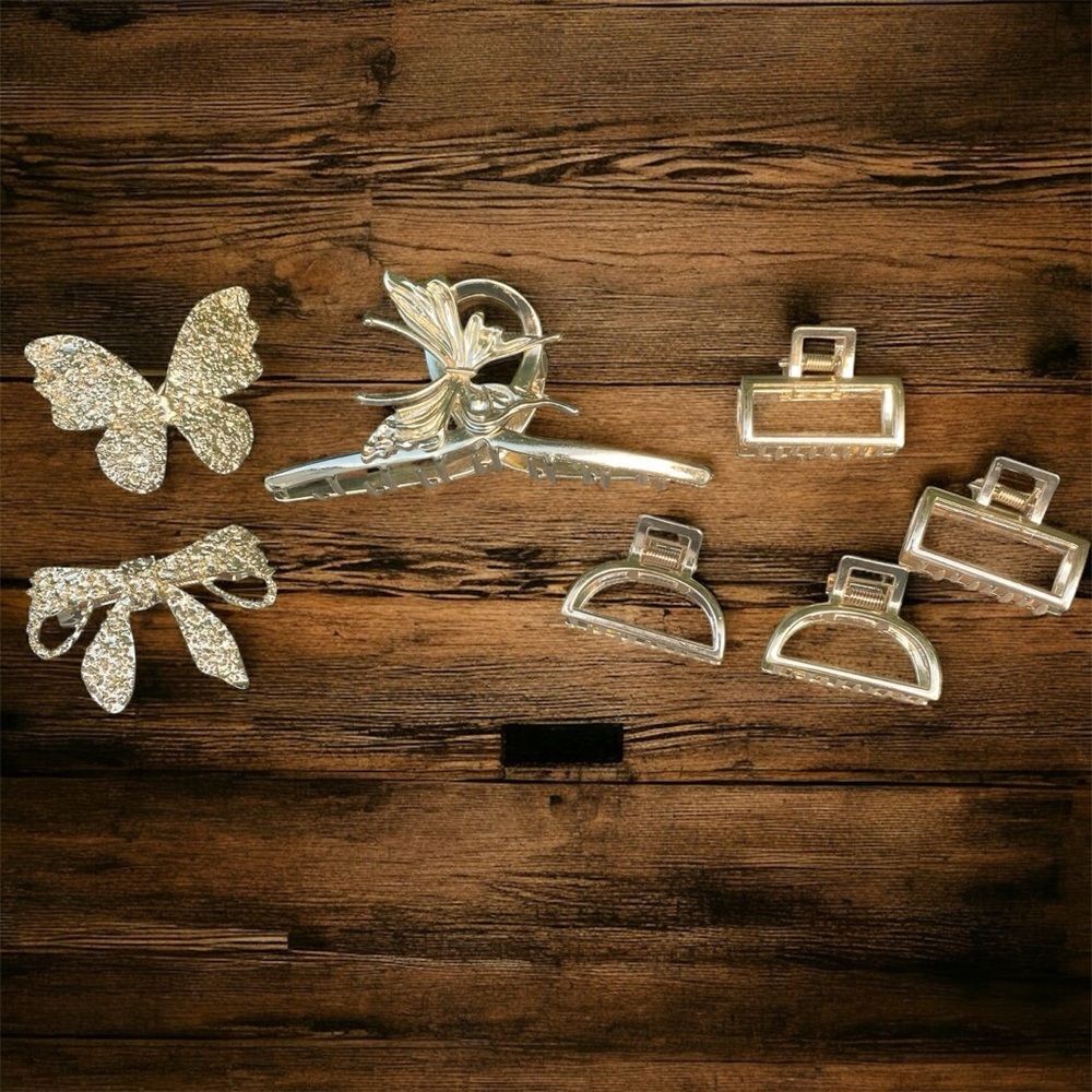 Lot of 7 Gold Hair Accessories Sparkly Bow & Butterfly Clips/Barrettes/Claws New